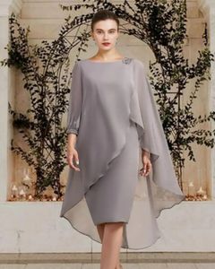 Nieuwe Zilveren Kralen Moeder van de Bruid Jurken Elegant Jewel Knielengte 3/4 Mouwen Chiffon Bruidegom Partij Jassen Robe De soiree