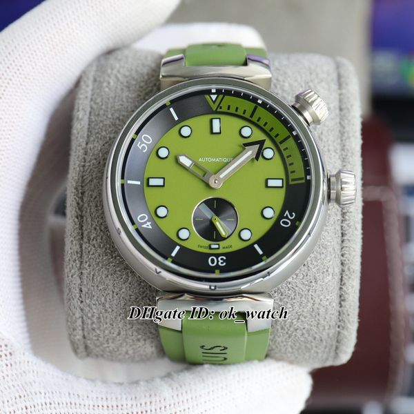 Nouveau boîtier en argent QBB202 Tambour automatique montre pour hommes cadran vert olive bracelet en caoutchouc 44mm hommes montres-bracelets populaires
