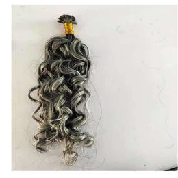 NIEUW ZILVER GREY CURLY I Tip Human Hair Extension vooraf gebonden zout en peper golvende krul Rauw Virgin Gray Microinks ITIPS 0.7G/STRAND 100Strand/Pack Two Pack Free Shippng
