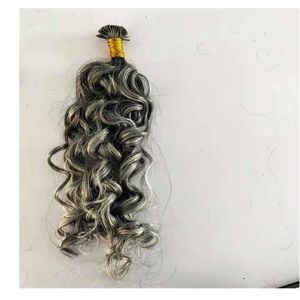 Nouvelle extension de cheveux humains gris argenté bouclés i tip pré-collé sel et poivre ondulé curl microinks gris vierge brut itips 0.7g / brin 100strand / pack deux pack shippng gratuit