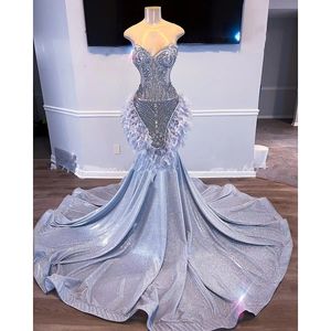 Nieuwe Silver Mermaid Prom Dresses 2023 kralen veren glitter kristallen luxe formele feest avondjurk robe de baljurken