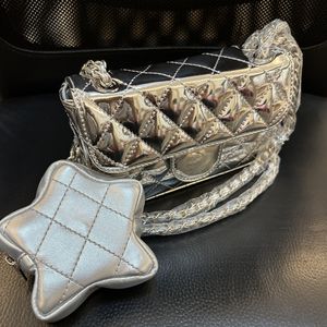 Nouveau sac à bandoulière à bandoulière en chaîne en métal à carreaux de diamant miroir argenté avec ensemble de porte-monnaie