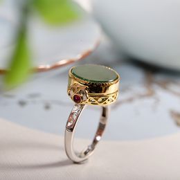 Nouveaux anneaux de jaspe Hetian naturel rond en argent pour les femmes classique exquis ouvrable Gawu Box bijoux de mode de style chinois