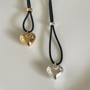 Nouveau Simple 925 Sterling Silver Heart Pendentif Collier Ins Cuir Corde Chaîne Colliers Pour Femmes Hommes Cadeaux D'anniversaire