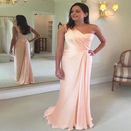 Nuevo Simple Barato pero elegante Un hombro Blush Pink Vestido de noche Plisado Gasa Longitud del piso Sirena Vestidos largos de baile 1853