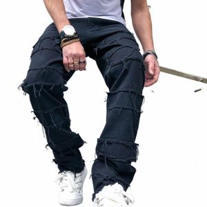 Nieuwe Eenvoudige Stijlvolle Mannen Hip Hop Ripped Patch Straight Losse Jeans Broek Streetwear Mannelijke Toevallige Denim Broek D9Z4 #