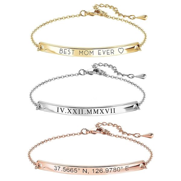 Nuevo Simple Titanio Acero Inoxidable Grabado Nombre Letra Nombre Pulsera Correa Larga Inicial Etiqueta Personalizada Brazalete Pulseras Amistad Regalos Joyería