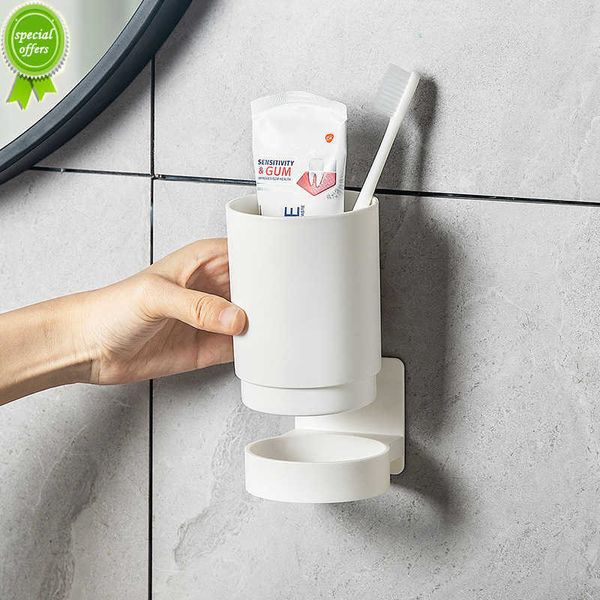 Nuevo soporte sencillo para cepillo de dientes montado en la pared, soporte para taza de pasta de dientes, estante de almacenamiento para baño sin taladro, estante portátil para organizar nuevo