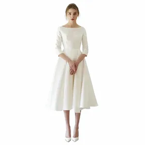 Nouveau Simple Mariage Dres Satin Thé longueur Avec Manches abendkleider matrimio vestidosde novia robe-de-mariee Direct Chine 11op #