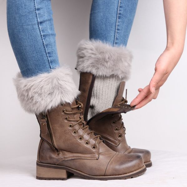 Nuevos Calentadores de piernas de felpa de invierno simples Calcetines de bota Cubierta de bota de invierno para mujer Regalo Lady Crochet Knit Faux Fur Trim Pierna Calcetines de bota envío de la gota