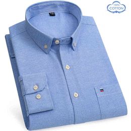 Nouvelle taille S -7XL bleu hommes chemise à manches longues 100% coton Oxford doux confortable coupe régulière qualité homme d'affaires chemises décontractées G0105