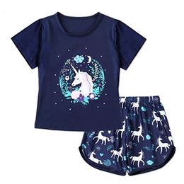 Nieuwe slaapkleding Eenhoorn katoenen pamas voor meisjes korte broek+mouw tops pakken Summer Fashion Home kleding Baby Kid Sleep Kostuum L2405