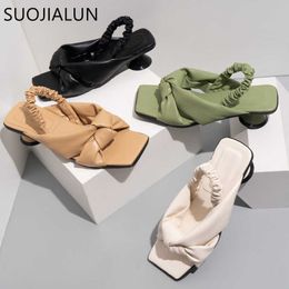 Nouveau glissement d'été Femmes le 2022 Sandales Suojialun Chaussures Fashion Bow-Knot Toe Toe Casual Tlides Low Talon Dames Robe Sandal Shoe T230208 11