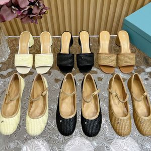 Nieuwe slippers silde geweven slippers p chunky hakken stro sandaal dames ronde teen schoenen lafiet gras letter platform geweven glijbaan muilezel topkwaliteit zomer strand slippers