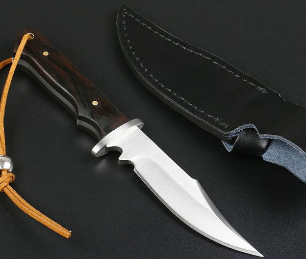Nuevo pequeño cuchillo de caza recto de supervivencia Ourdoor 440C Satin Bowie Blade Full Tang Ebony Handle Cuchillas fijas Cuchillos con funda de cuero