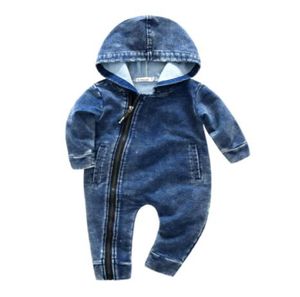 Nouveau Denim doux bébé barboteuse nouveau-né combinaison à capuche bébé garçon vêtements Cowboy bébé combinaison à fermeture éclair tenues bref unisexe enfants bébés 1841291