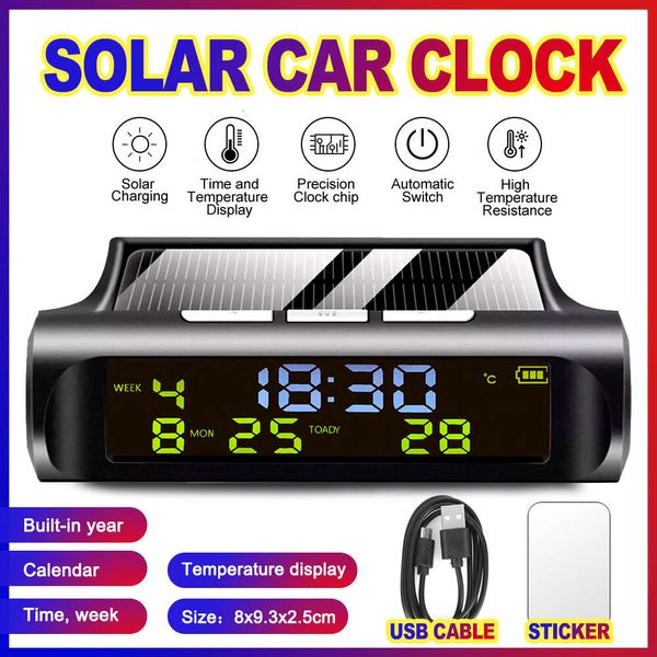 Nuevo reloj Digital Solar para coche con pantalla LCD de hora y fecha, pantalla de temperatura para exteriores, decoración Personal de piezas de coche, accesorios para coche