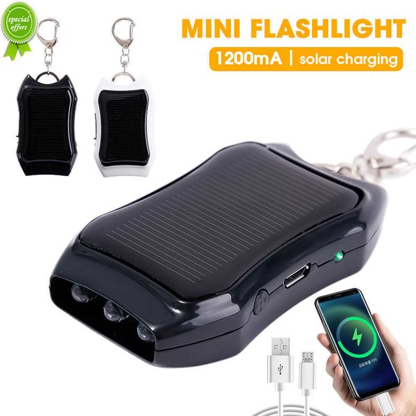 Nouveau solaire LED Mini lampe de poche porte-clés chargeur de batterie externe solaire portable pour Camping en plein air chargeur de secours avec lumières tactiques
