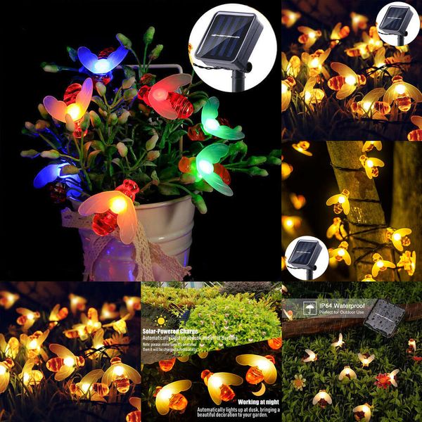 Nouvelle chaîne solaire 50 LED Migne Bee Outdoor Light Wedding Home Garden Patio Party Free Free HoneyBee Starry Fairy Decor Lampe