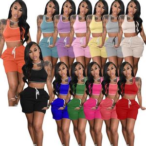 Nouveau Solide Casual Femmes Survêtements Designer 2 Pièce Ensemble Court Sexy Crop Débardeur Gilet Et Short Avec Poches Costume De Sport Vêtements De Sport