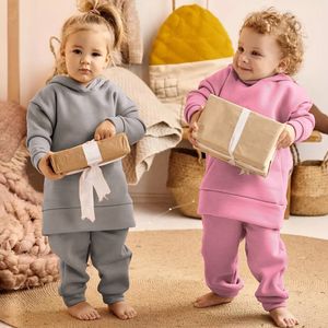 Nieuwe solide kleur Casual hoodie set kinderen pluche warme tweedelige set herfst 2-12-jarige jongens en meisjes sport groothandel