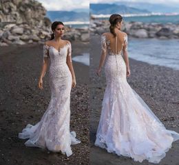 Nuevos vestidos de novia de la sirena sudafricana Sweetheart Lace Appliques Tul mangas largas Tamaño grande Vestidos de novia formales personalizados