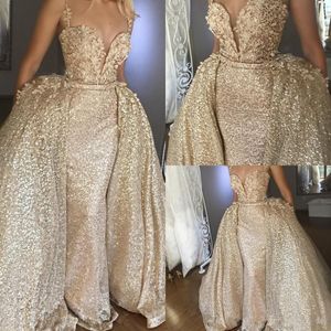 Nouvelle gaine spaghetti sirène robes de bal robes avec train détachable élégant champagne paillettes jupes robe tenue de soirée