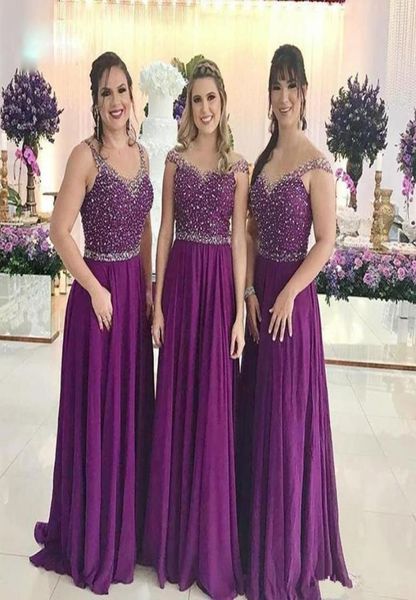 Nouveau Sparkle Paillettes Perlées Violet Longues Robes De Demoiselles D'honneur Illusion Retour Cap Manches Aline Robe D'invité De Mariage Longueur De Plancher7882821