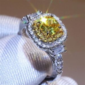 Nieuwe sprankelende klassieke luxe sieraden 925 sterling zilver gele topaas CZ Diamond Pave CZ belofte vrouwen bruiloft verlovingsband R241F