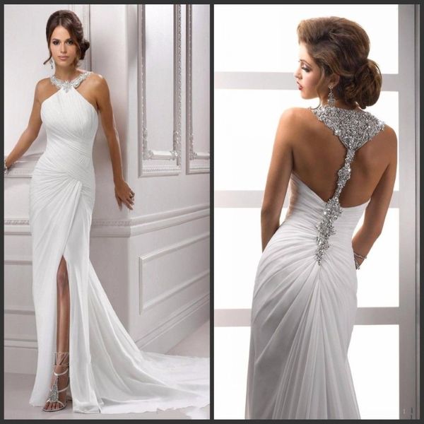 Nuevos vestidos de noche brillantes con cuentas de cristal y cuello halter, abertura sin mangas, plisado, sirena, gasa larga blanca, vestido formal de fiesta de graduación 138267i