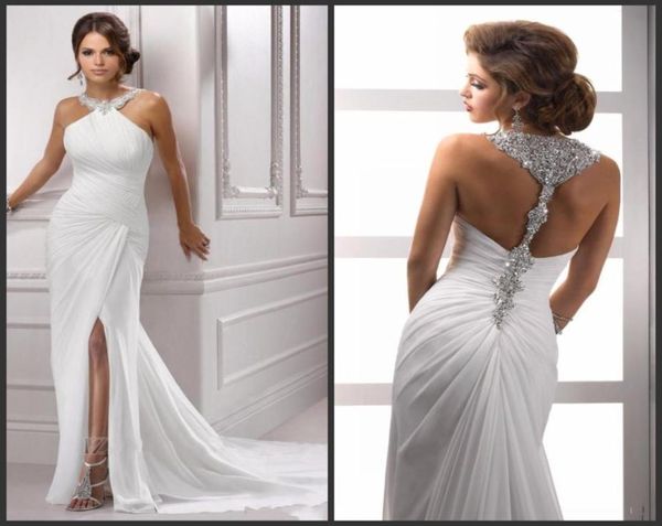 Nuevos vestidos de noche de cristal con halter espumoso de la noche Slit Sleeveless Plemaid White White Long Chiffon Formal Prom Party Gown 1382154672