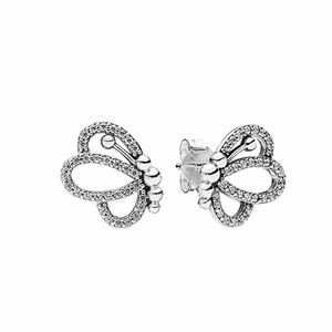 Nieuwe sprankelende Openwork Butterfly Stud -oorbellen met originele doos ingesteld voor Pandora 925 Stelring Silver Womens CZ Diamodn Earring