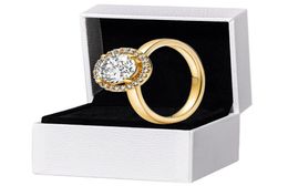 NOUVEAU Bague ronde scintillante plaquée or jaune Halo Femmes Filles Cadeau de mariage avec coffret original pour bagues en argent sterling 9258168788