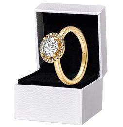 NIEUWE Sprankelende Ronde Halo Geel Vergulde Ring Dames Meisjes Huwelijkscadeau met Originele doos set voor 925 Sterling Zilveren Ringen1215296