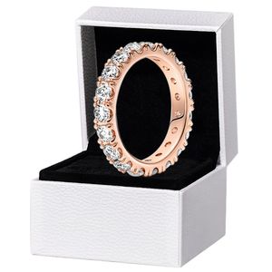 Nieuwe sprankelende rij Eeuwigheid Ring 925 Sterling Silver Blue Stone Wedding Designer Sieraden Originele doos voor Pandora Rose Gold Rings
