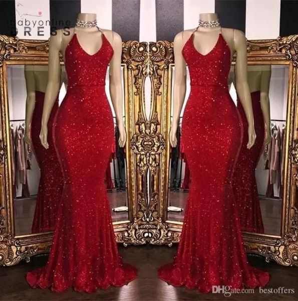 Nuevos vestidos de graduación de lentejuelas rojas brillantes Mermaid Long Prom Gowns Back Back Back Arabic Party Vestido BC10858109752