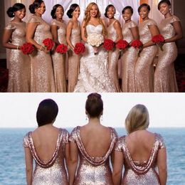 Nieuwe Sparkly Rose Gold Lovertjes Lange Bruidsmeisjes Jurken Eén Schouder Juweel Hals Open Back Sweep Trein Plus Size Mermaid Partyjurken Custom