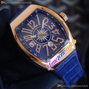 Nieuwe Sport Date Automatic Mens Watch Rose Gold Case Diamond Markers Blue Dial Black / Blue Lederen Rubber Horloges TimeZonewatch E202B2