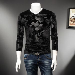 T-shirts à manches longues pour hommes, hauts en velours doré, col en v, chemises à bascule slim de style coréen pour jeunes, nouvelle collection printemps et automne 2023 tre332R