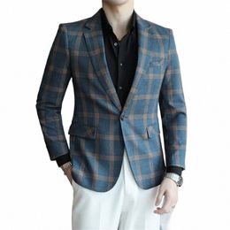 Nieuwe lente herfst Blazers Men Slim Fit British Plaid Formal Suit jas