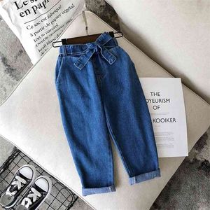 Nouveau printemps automne article fille sport jeans pantalon pantalon en denim décontracté avec ceinture 210317