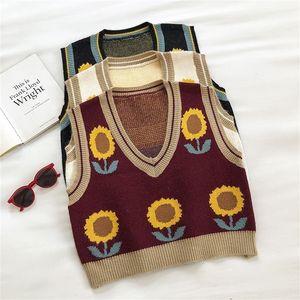 Spring herfst trui vest vrouwen vintage zonnebloem Koreaanse mouwloze pullover crop top vrouw streetwear waastcoat vest 201223