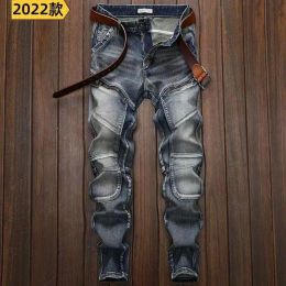 Nouveau printemps automne lavage denim coréen style bleu concepteur cowboy cycling moto splice vintage cargo strech pant jean pantalon