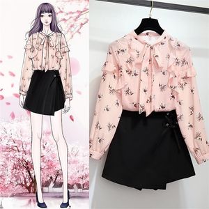 Nieuwe lente herfst vrouwen zoete 2 -delige meisjes bloemenprint blouse tops en mini rok pakken vrouwelijke verse chiffon sets f10 t200325