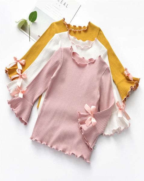 Nueva primavera Otoño Invierno Camisas para niñas Niños Blanco Rosa Manga larga Arco de encaje Bebé Niña Tops camiseta Ropa para niños pequeños Regalos6882909