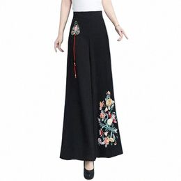 Nueva primavera de talle alto Chiff pantalones de pierna ancha bordado pesado Fi colgante pantalones retro tradicional ropa china s8XM #