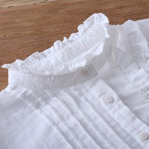 Nouveau printemps japon Style Mori fille femmes Blouse conception asymétrique dentelle col montant lâche Double fil de coton chemises
