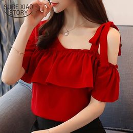 Nueva primavera blusas de manga corta sólido estilo sexy dama volantes ropa de mujer rojo tops de mujer dulce camisas femeninas 30 T200321