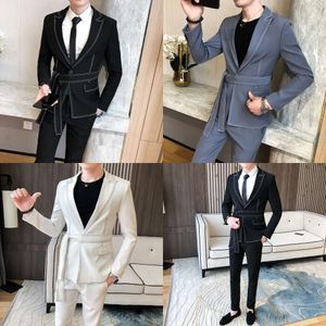 NIEUW Spring Suit Men Single Button Mens Slim Fit Suits met Pant Casual Stage Wedding Dress Belt Prom Tuxedo Costume Homme 201105 S S S