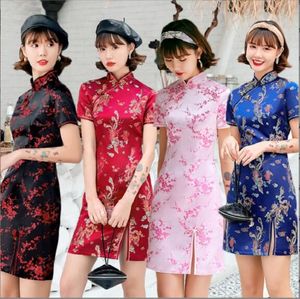 Nieuwe lente zomer Chinese stijl dames mode cheongsam satijnen borduurborylid tang pak jurk dames casual slanke korte rok feestjurken